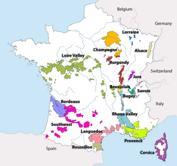 Bản đồ các vùng sản xuất rượu vang Pháp