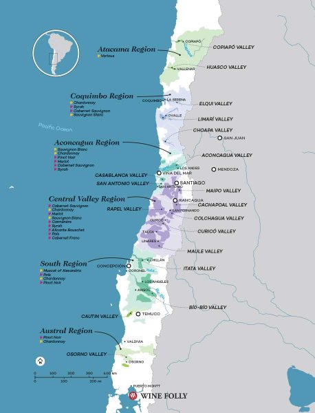 Bản đồ vùng sản xuất rượu vang Chile