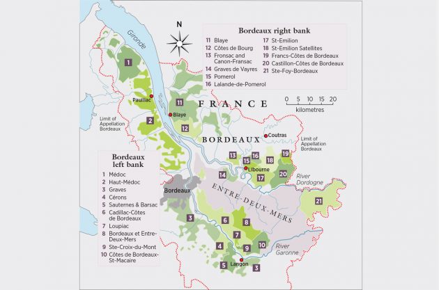 Vùng rượu vang Bordeaux nằm gần Đại Tây Dương, mang đến khí hậu biển cho khu vực. Bên trong Bordeaux là một vùng nước được gọi là Cửa sông Gironde, nối Đại Tây Dương với hai con sông. Con sông chảy dọc theo phía đông của Bordeaux được gọi là Dordogne, trong khi con sông ở phía tây được gọi là Garonne. Hai con sông này gặp nhau ở chân Cửa sông Gironde và phân nhánh ra phía ngoài.
